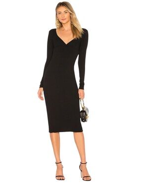 A.L.C. Dafne Dress Black Size Large Ribbed Knit Midi Length Long Puff Sleeves